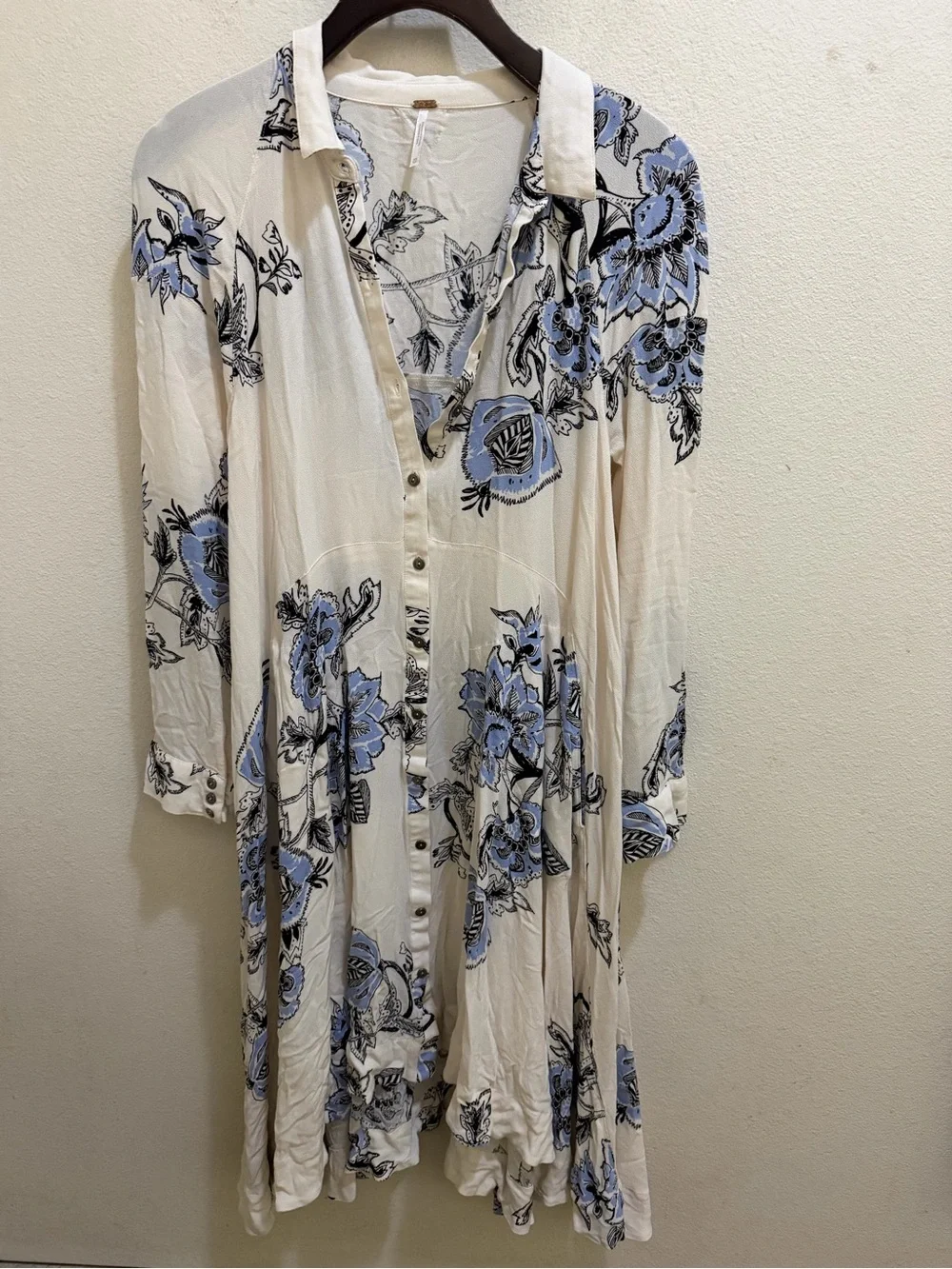 Free People City Walker Floral Long-Sleeve Button Dress with Blue Accents